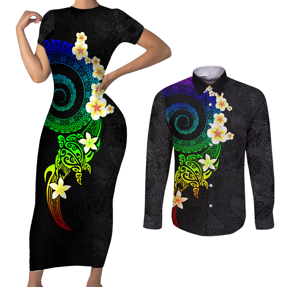 Polynesian Spiral Tribal Tattoo Couples Matching Short Sleeve Bodycon Dress and Long Sleeve Button Shirt Fanciful Color
