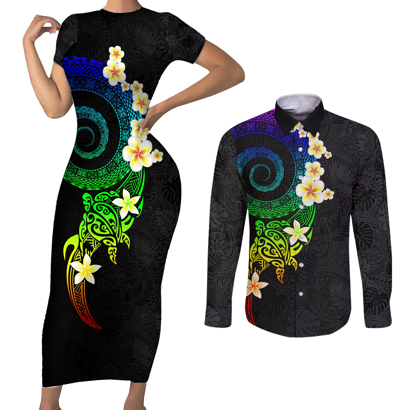 Polynesian Spiral Tribal Tattoo Couples Matching Short Sleeve Bodycon Dress and Long Sleeve Button Shirt Fanciful Color