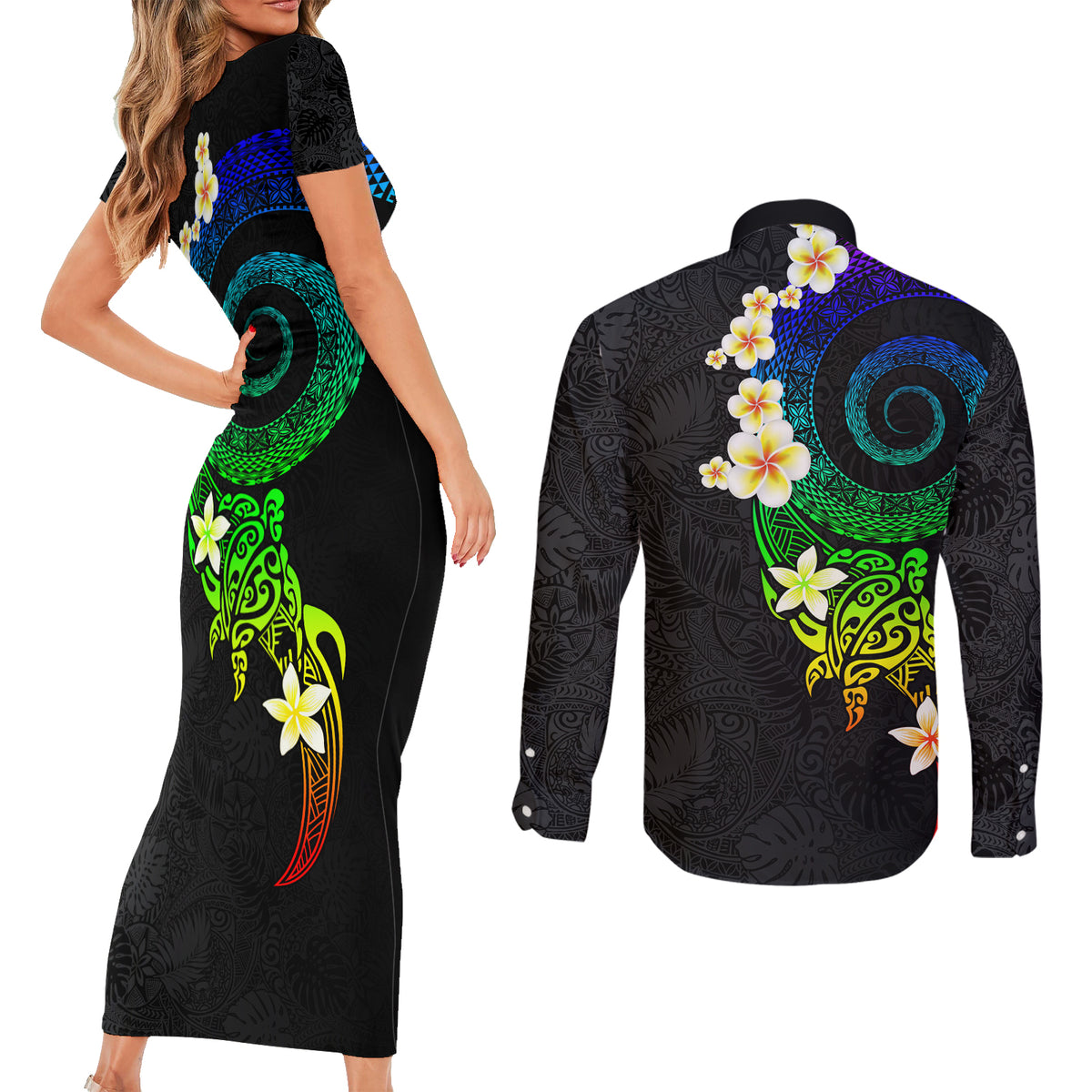 Polynesian Spiral Tribal Tattoo Couples Matching Short Sleeve Bodycon Dress and Long Sleeve Button Shirt Fanciful Color