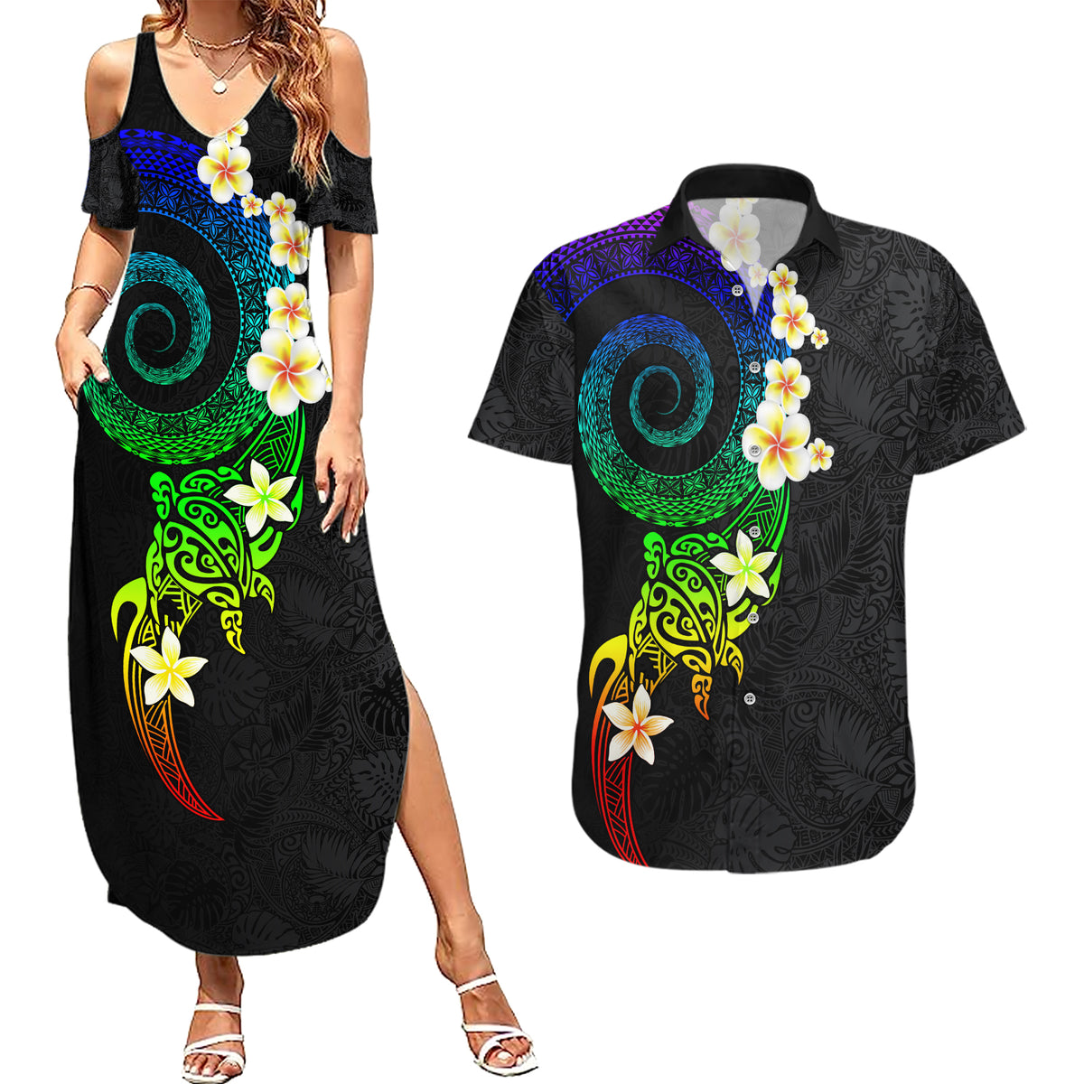 Polynesian Spiral Tribal Tattoo Couples Matching Summer Maxi Dress and Hawaiian Shirt Fanciful Color