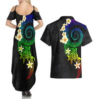 Polynesian Spiral Tribal Tattoo Couples Matching Summer Maxi Dress and Hawaiian Shirt Fanciful Color