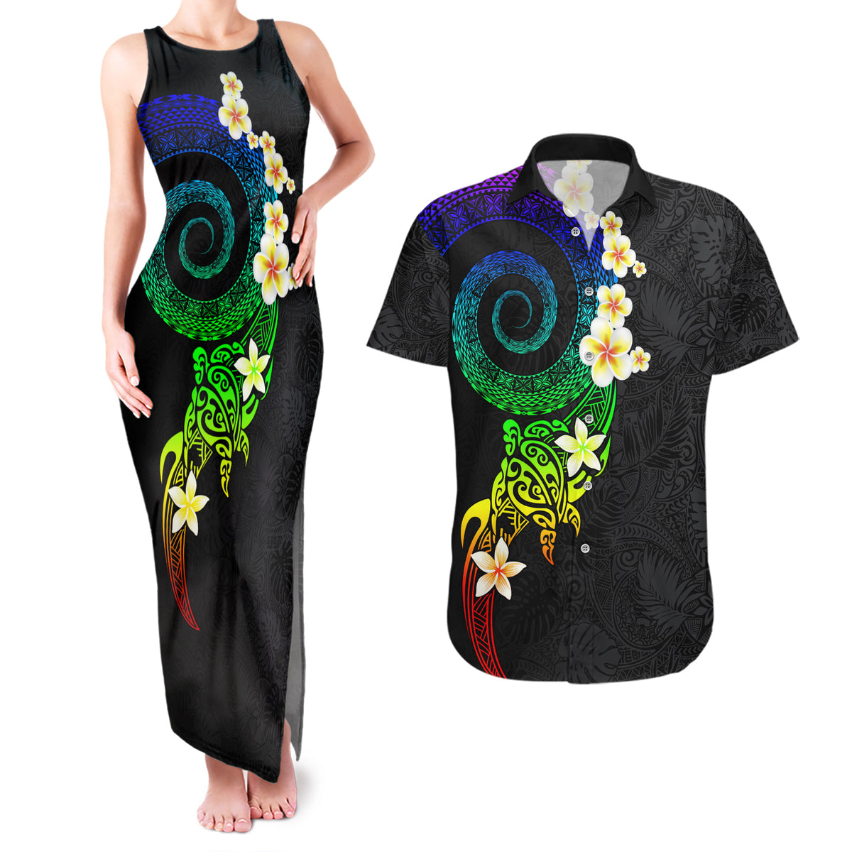 Polynesian Spiral Tribal Tattoo Couples Matching Tank Maxi Dress and Hawaiian Shirt Fanciful Color