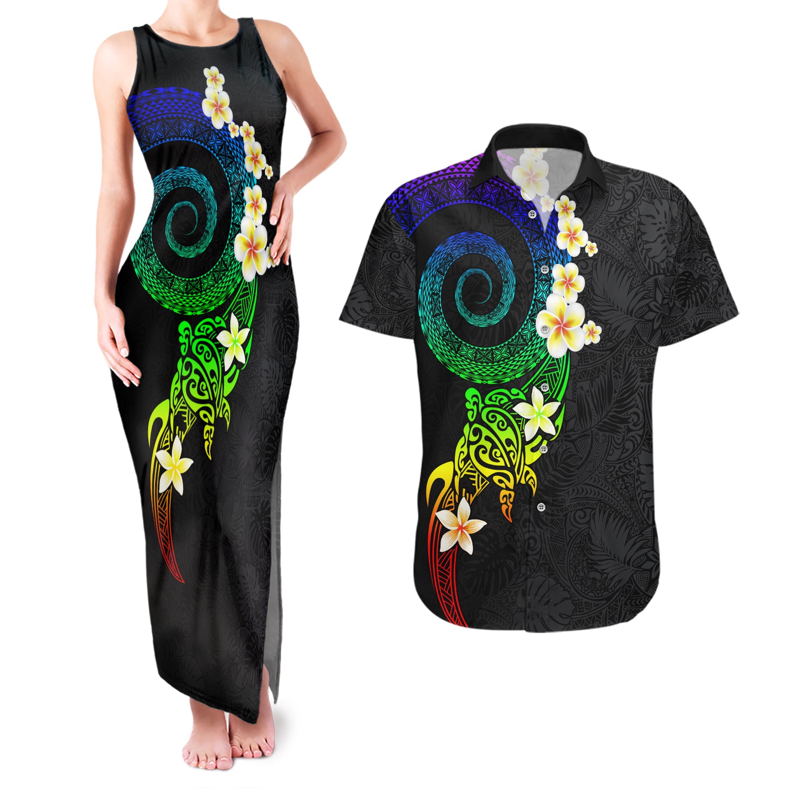 Polynesian Spiral Tribal Tattoo Couples Matching Tank Maxi Dress and Hawaiian Shirt Fanciful Color