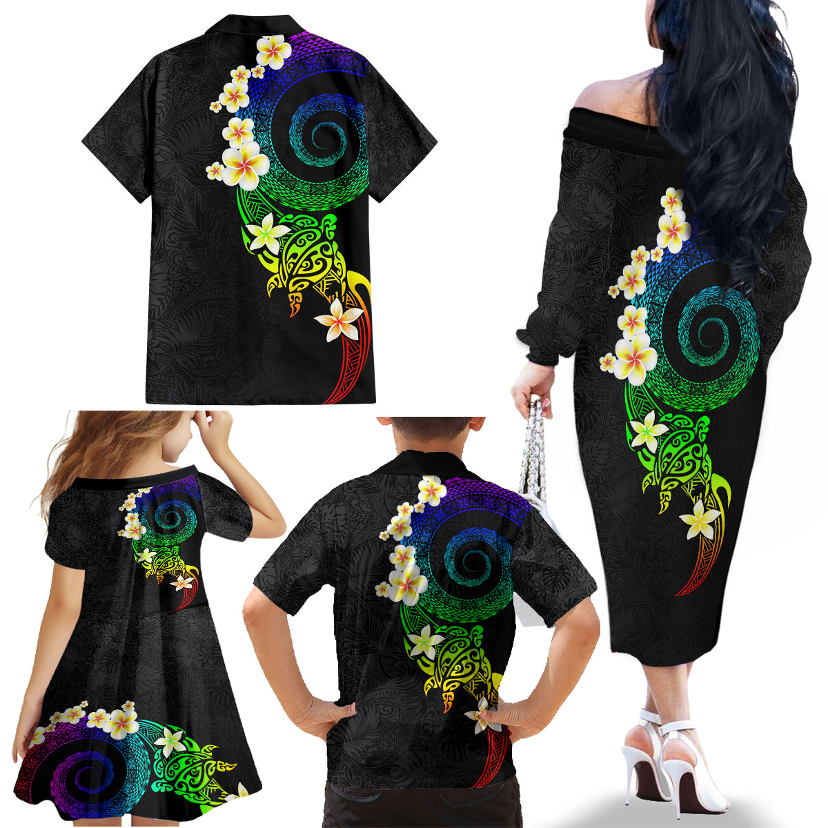 Polynesian Spiral Tribal Tattoo Family Matching Off The Shoulder Long Sleeve Dress and Hawaiian Shirt Fanciful Color