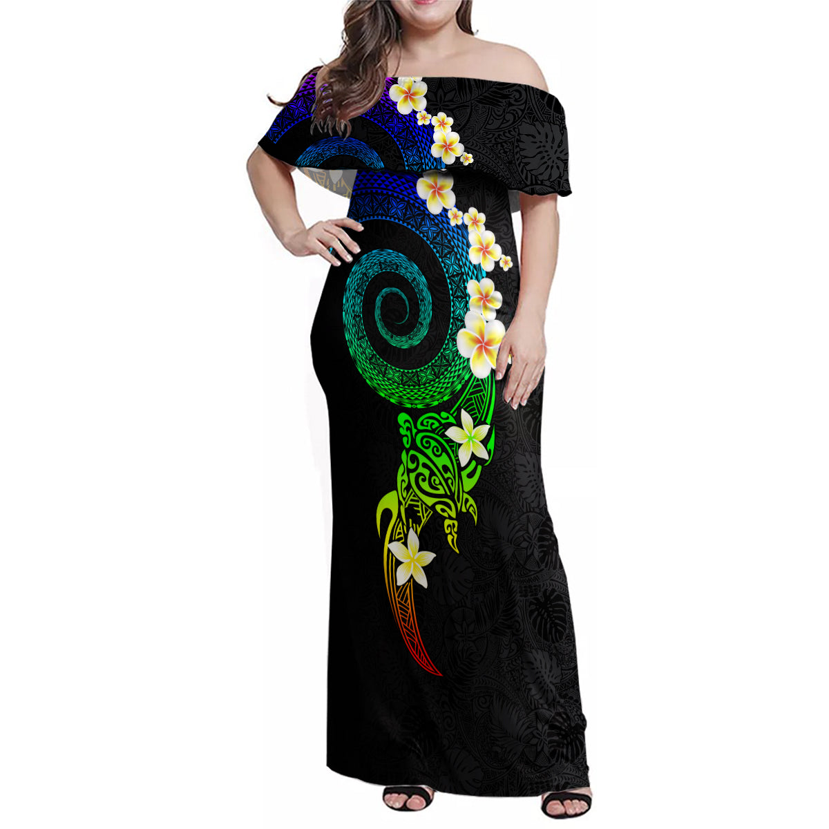 Polynesian Spiral Tribal Tattoo Family Matching Off Shoulder Maxi Dress and Hawaiian Shirt Fanciful Color