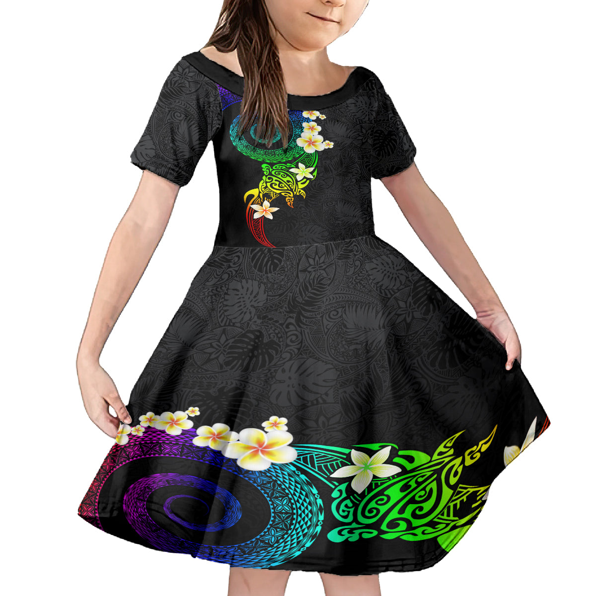 Polynesian Spiral Tribal Tattoo Kid Short Sleeve Dress Fanciful Color LT03 KID Black - Polynesian Pride