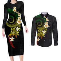 Polynesian Spiral Tribal Tattoo Couples Matching Long Sleeve Bodycon Dress and Long Sleeve Button Shirt Reggae Color