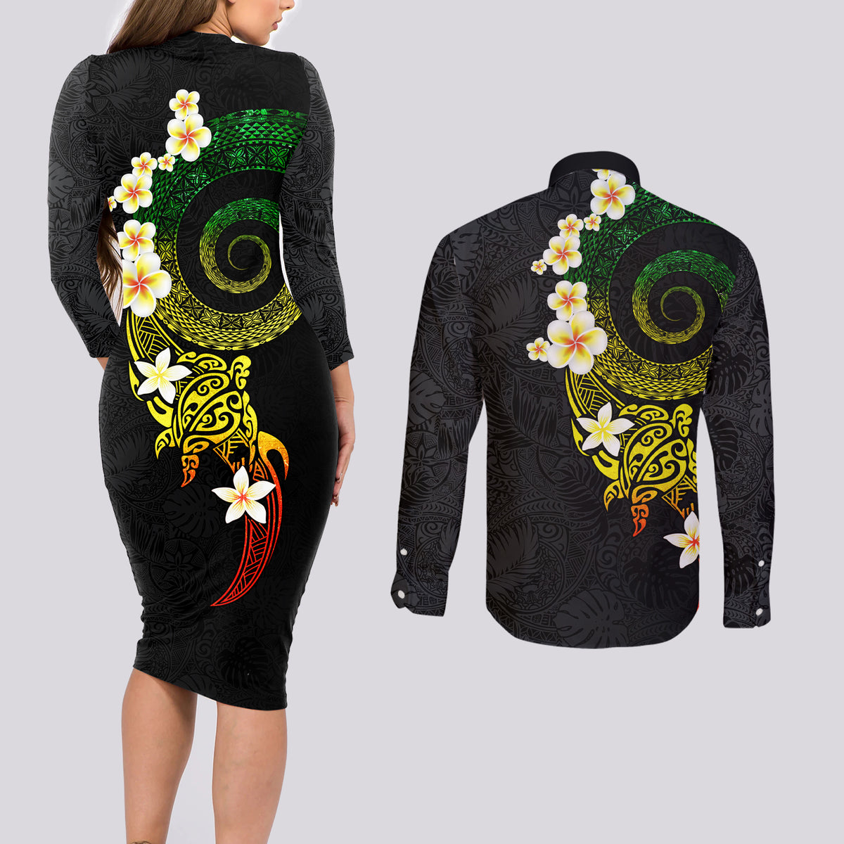 Polynesian Spiral Tribal Tattoo Couples Matching Long Sleeve Bodycon Dress and Long Sleeve Button Shirt Reggae Color