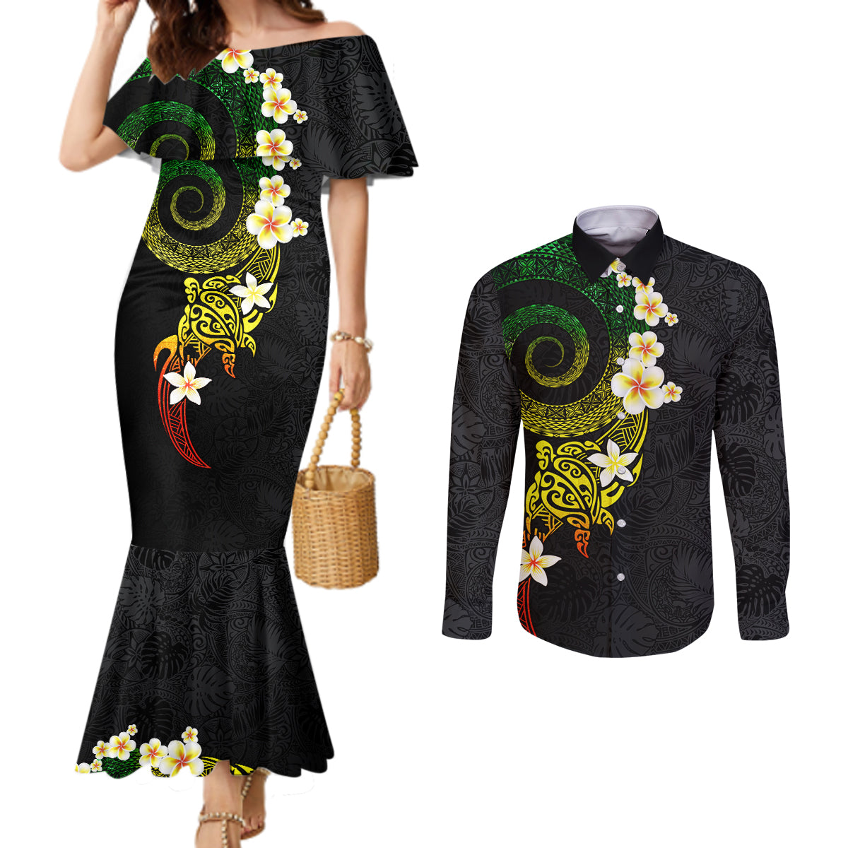 Polynesian Spiral Tribal Tattoo Couples Matching Mermaid Dress and Long Sleeve Button Shirt Reggae Color