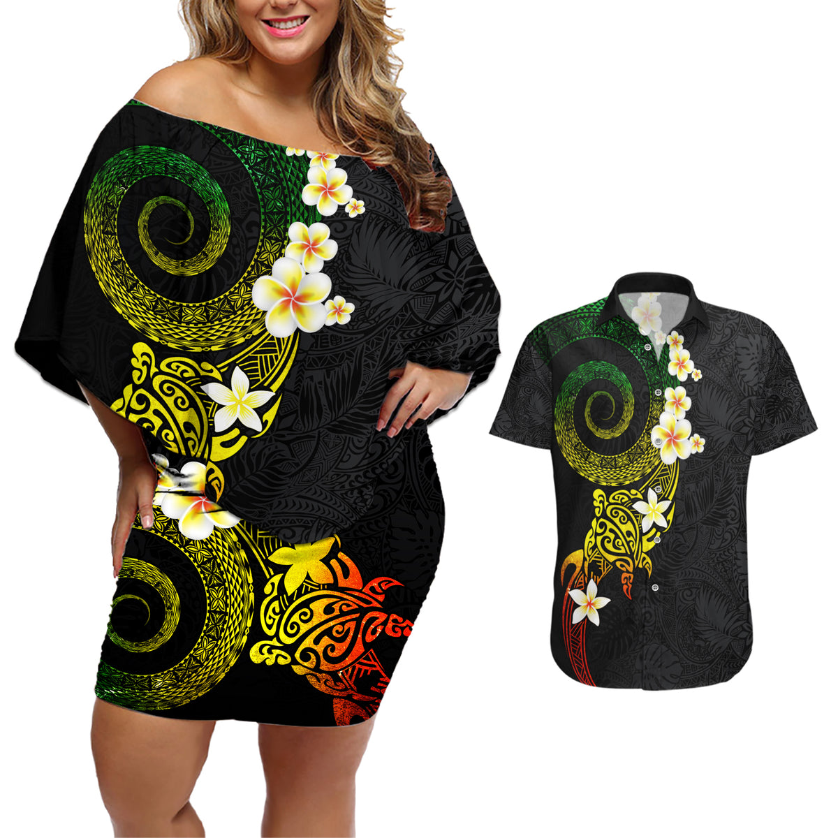 Polynesian Spiral Tribal Tattoo Couples Matching Off Shoulder Short Dress and Hawaiian Shirt Reggae Color