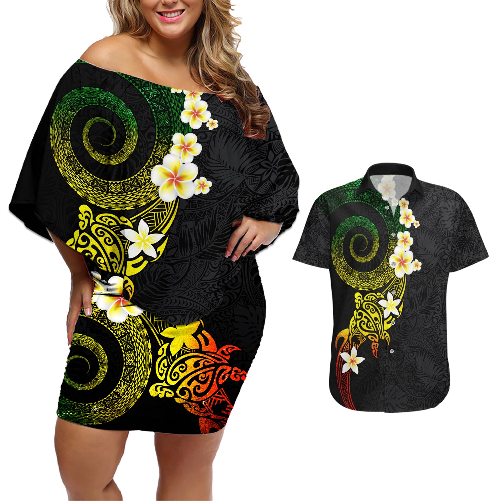 Polynesian Spiral Tribal Tattoo Couples Matching Off Shoulder Short Dress and Hawaiian Shirt Reggae Color