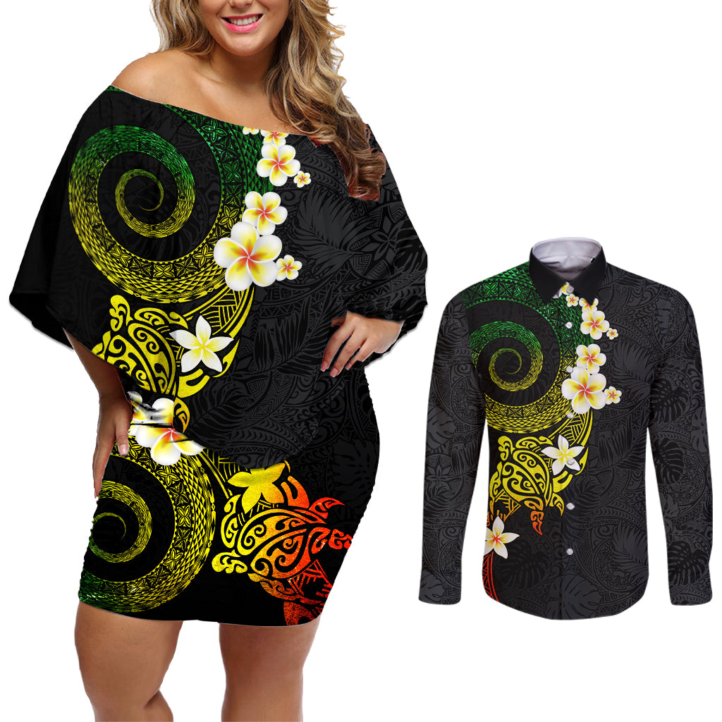 Polynesian Spiral Tribal Tattoo Couples Matching Off Shoulder Short Dress and Long Sleeve Button Shirt Reggae Color