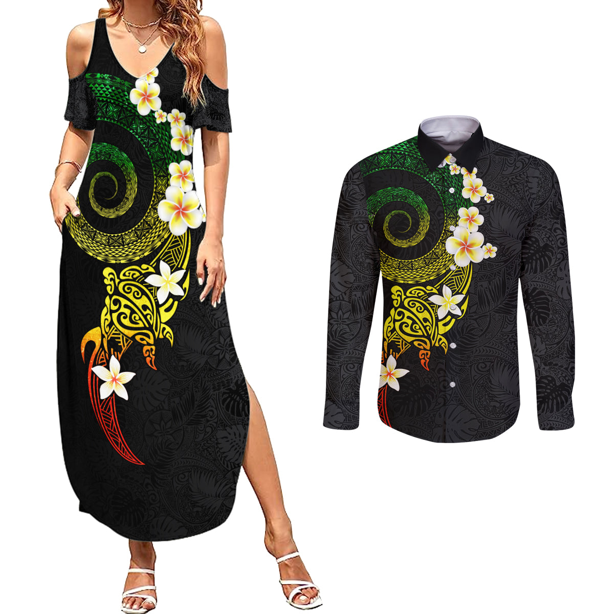 Polynesian Spiral Tribal Tattoo Couples Matching Summer Maxi Dress and Long Sleeve Button Shirt Reggae Color