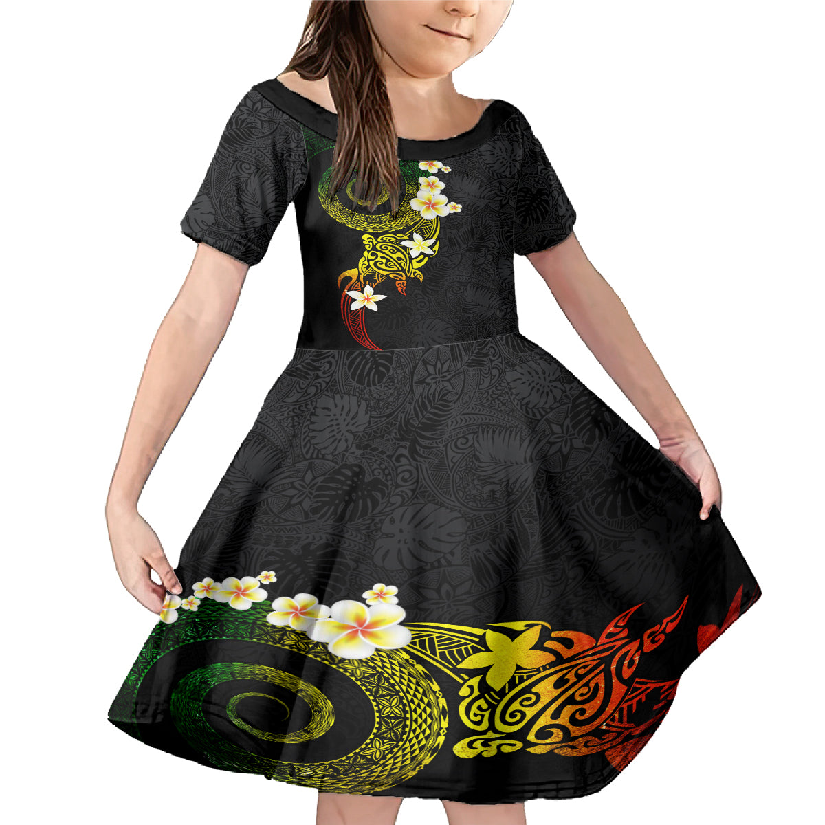 Polynesian Spiral Tribal Tattoo Family Matching Mermaid Dress and Hawaiian Shirt Reggae Color