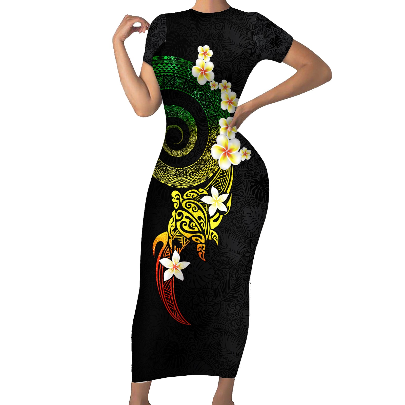 Polynesian Spiral Tribal Tattoo Short Sleeve Bodycon Dress Reggae Color