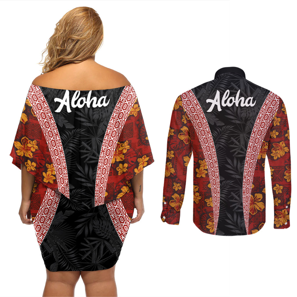 Hawaii Lei and Hibiscus Flowers Tribal Couples Matching Off Shoulder Short Dress and Long Sleeve Button Shirt Patchwork Abstract Vintage