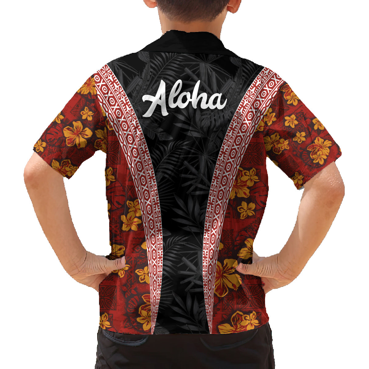 Hawaii Lei and Hibiscus Flowers Tribal Family Matching Long Sleeve Bodycon Dress and Hawaiian Shirt Patchwork Abstract Vintage