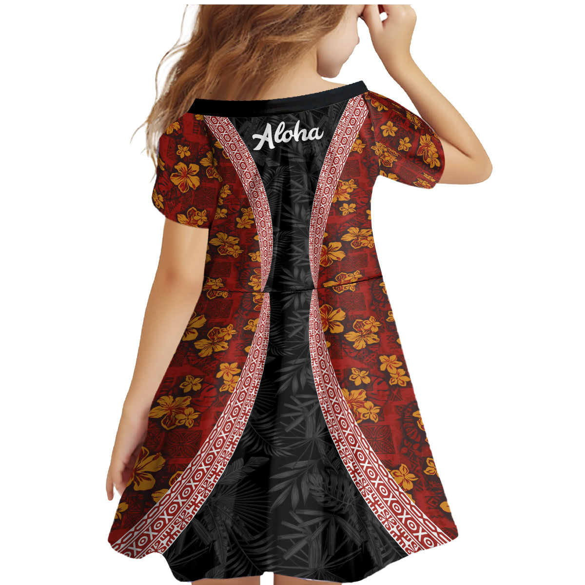 Hawaii Lei and Hibiscus Flowers Tribal Family Matching Mermaid Dress and Hawaiian Shirt Patchwork Abstract Vintage