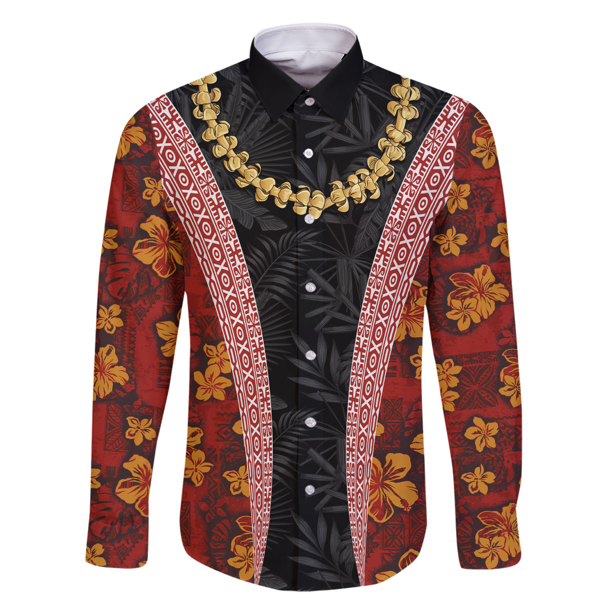 Hawaii Lei and Hibiscus Flowers Tribal Family Matching Off The Shoulder Long Sleeve Dress and Hawaiian Shirt Patchwork Abstract Vintage