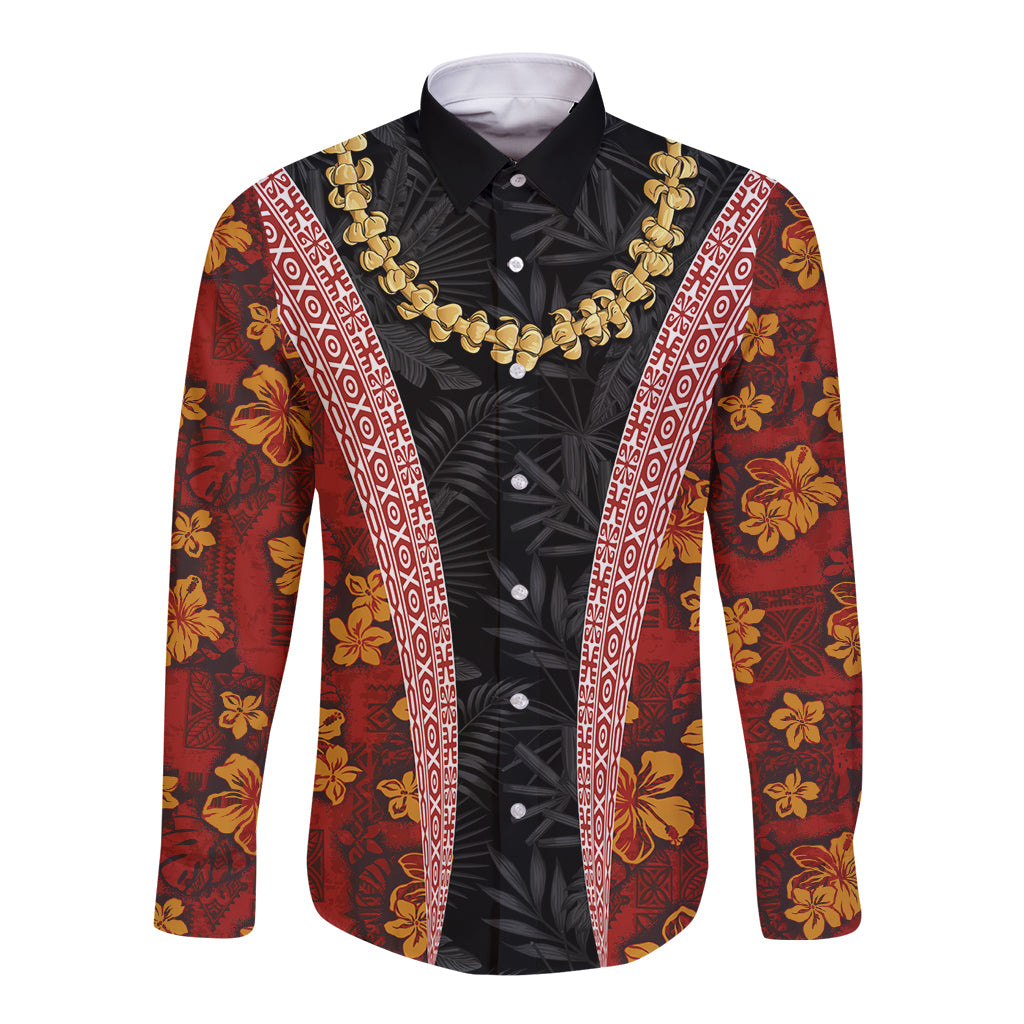 Hawaii Lei and Hibiscus Flowers Tribal Long Sleeve Button Shirt Patchwork Abstract Vintage LT03 Unisex Red - Polynesian Pride