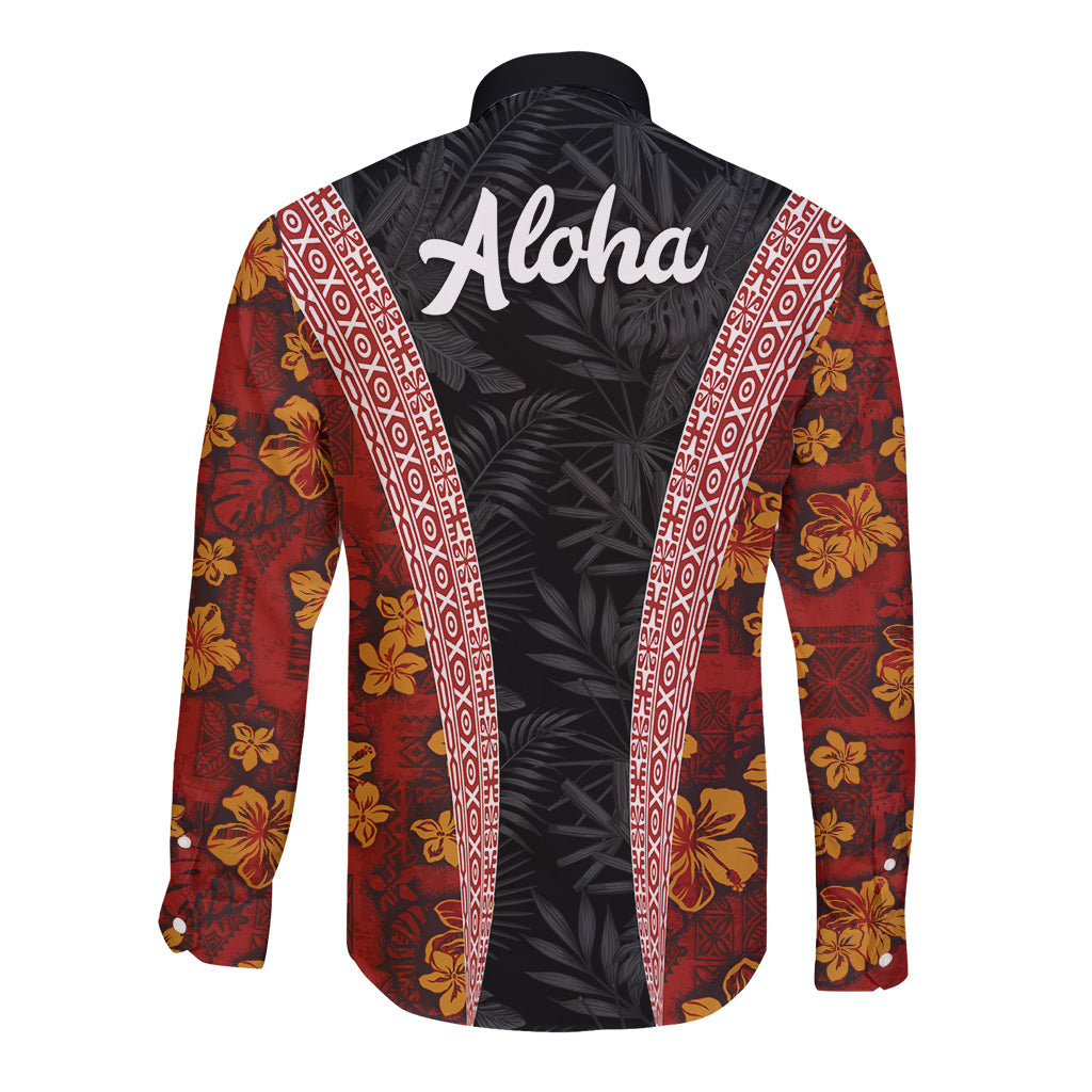 Hawaii Lei and Hibiscus Flowers Tribal Long Sleeve Button Shirt Patchwork Abstract Vintage LT03 - Polynesian Pride