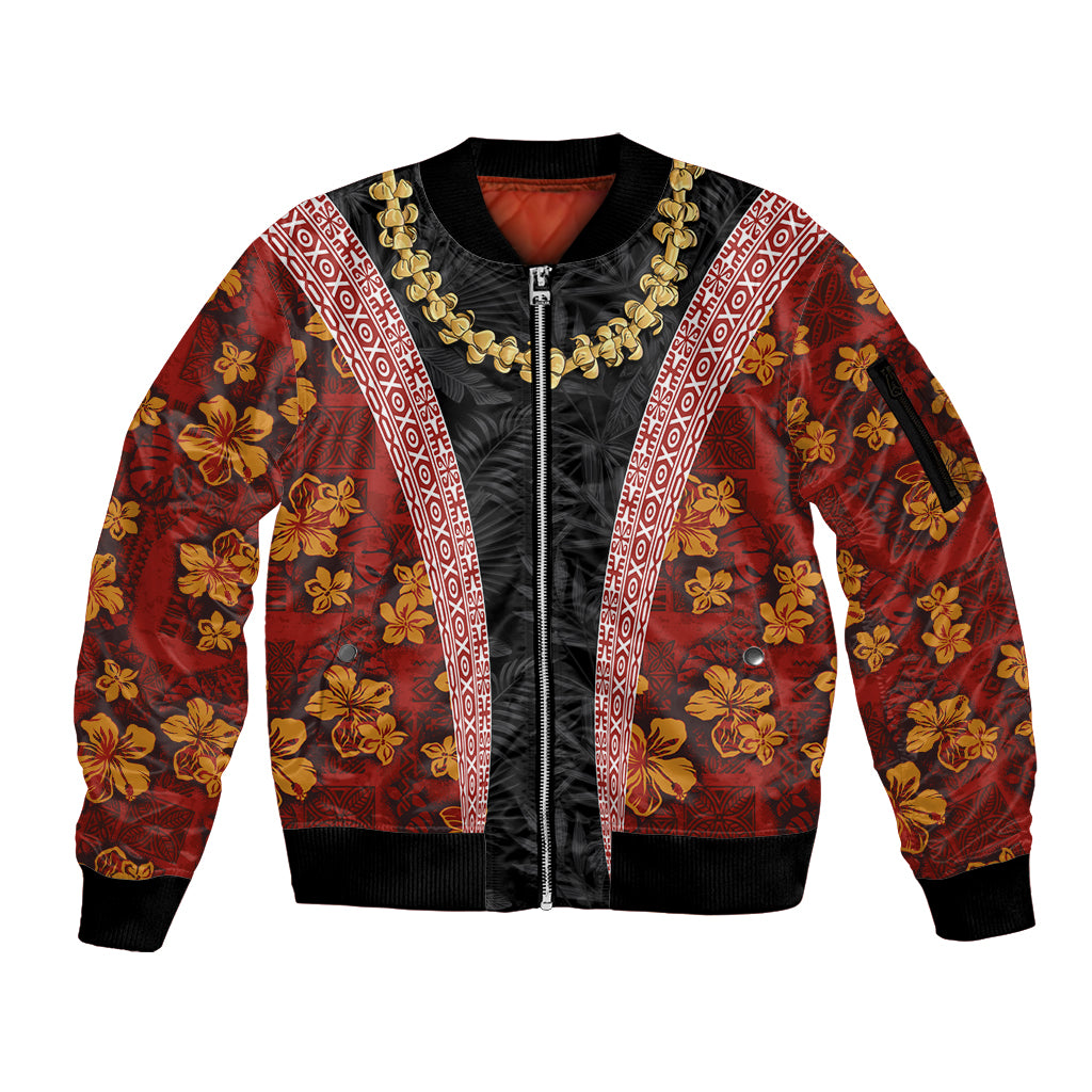 Hawaii Lei and Hibiscus Flowers Tribal Sleeve Zip Bomber Jacket Patchwork Abstract Vintage