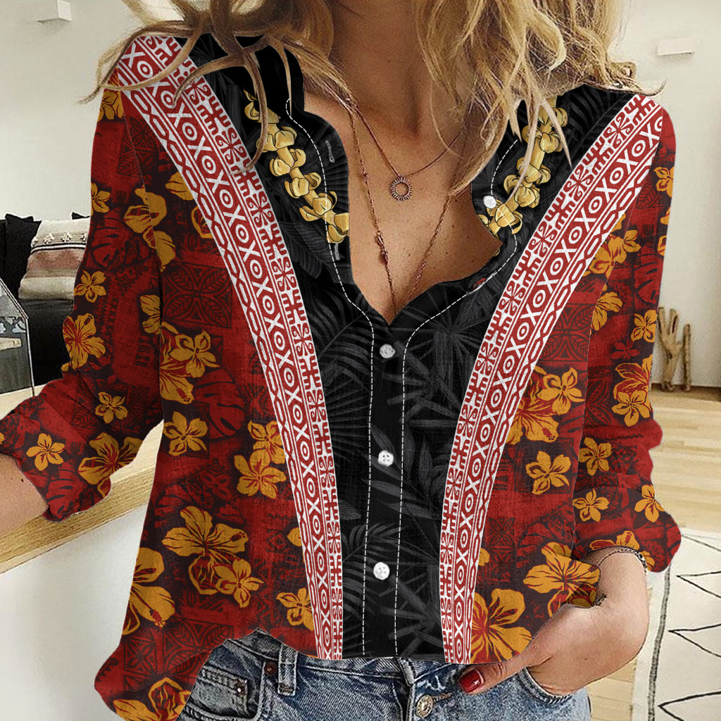 Hawaii Lei and Hibiscus Flowers Tribal Women Casual Shirt Patchwork Abstract Vintage