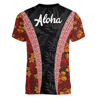 Hawaii Lei and Hibiscus Flowers Tribal Women V Neck T Shirt Patchwork Abstract Vintage