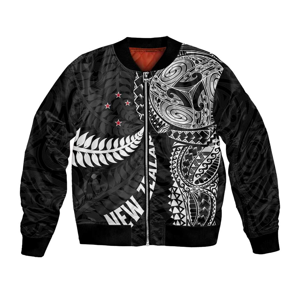 Aotearoa Volleyball Custom Bomber Jacket Silver Ferns and Maori Tribal Black LT03 Unisex Black - Polynesian Pride
