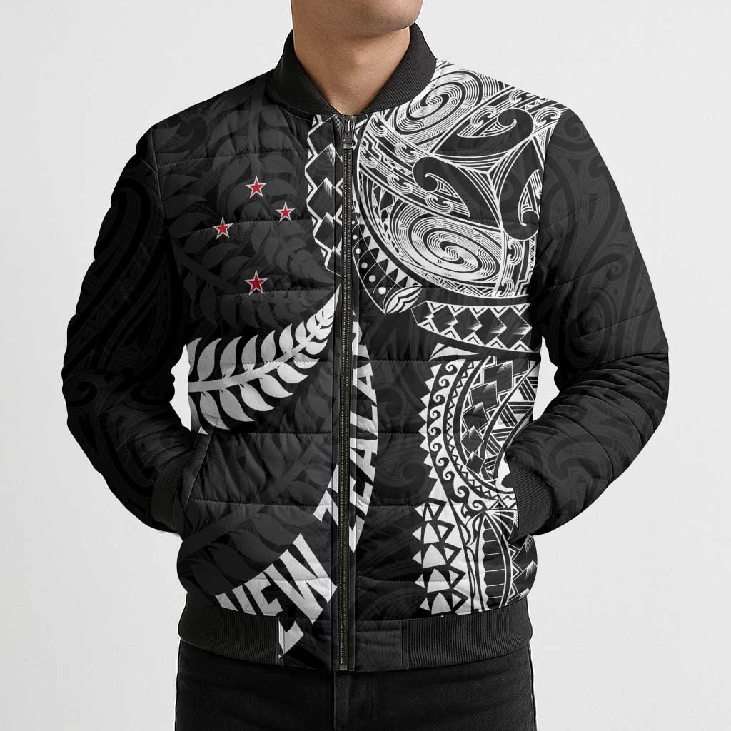 Aotearoa Volleyball Custom Bomber Puffer Jacket Silver Ferns and Maori Tribal Black