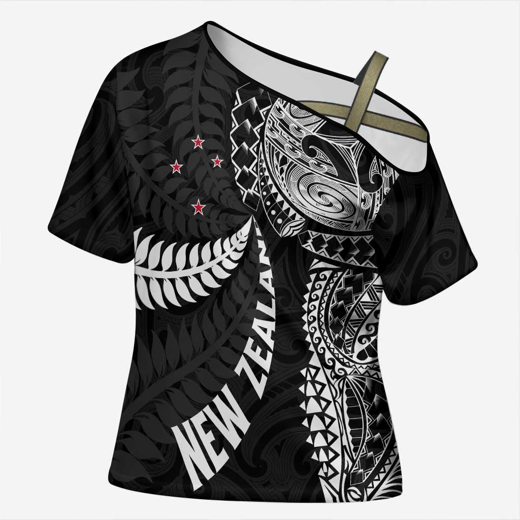 Aotearoa Volleyball Custom Cross Shoulder Shirt Silver Ferns and Maori Tribal Black