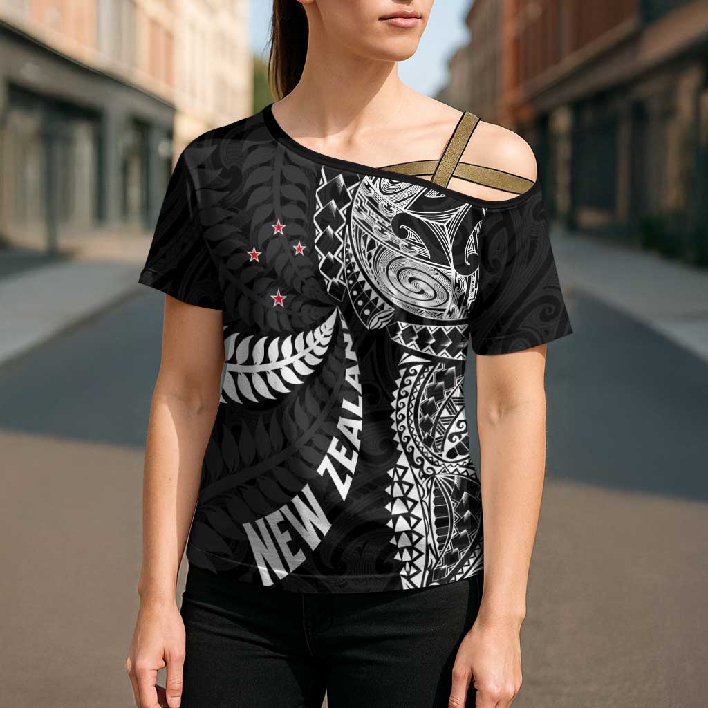 Aotearoa Volleyball Custom Cross Shoulder Shirt Silver Ferns and Maori Tribal Black