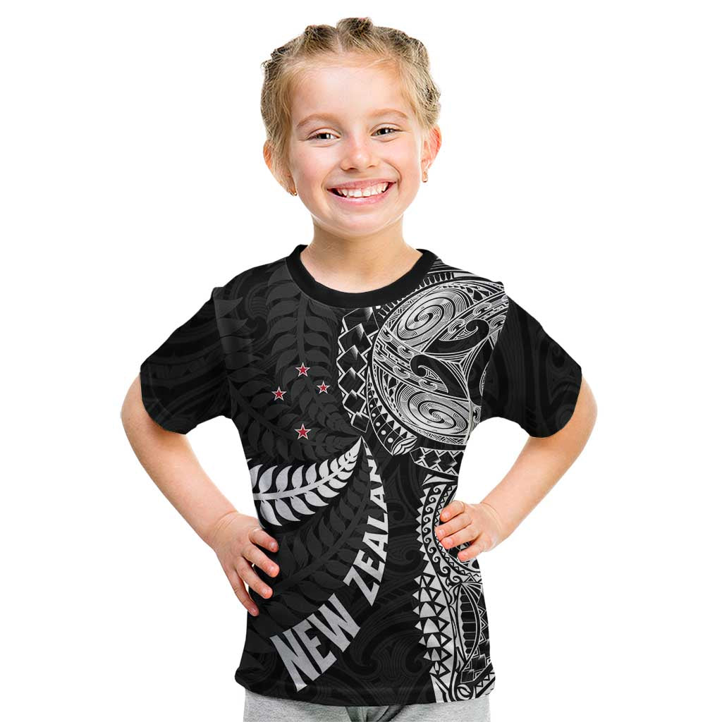 Aotearoa Volleyball Custom Kid T Shirt Silver Ferns and Maori Tribal Black