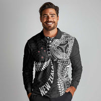 Aotearoa Volleyball Custom Long Sleeve Polo Shirt Silver Ferns and Maori Tribal Black