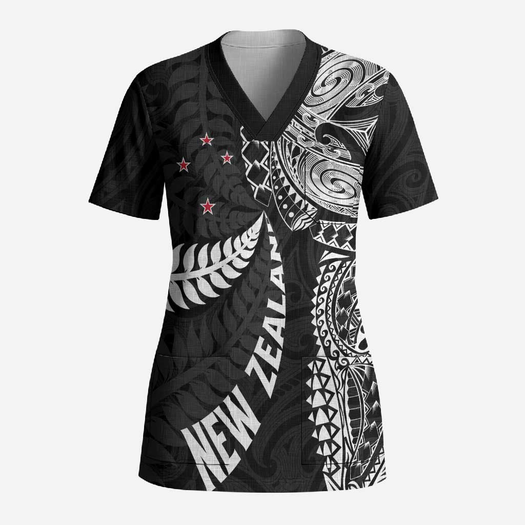 Aotearoa Volleyball Custom Scrub Top Silver Ferns and Maori Tribal Black LT03 Adult Black - Polynesian Pride
