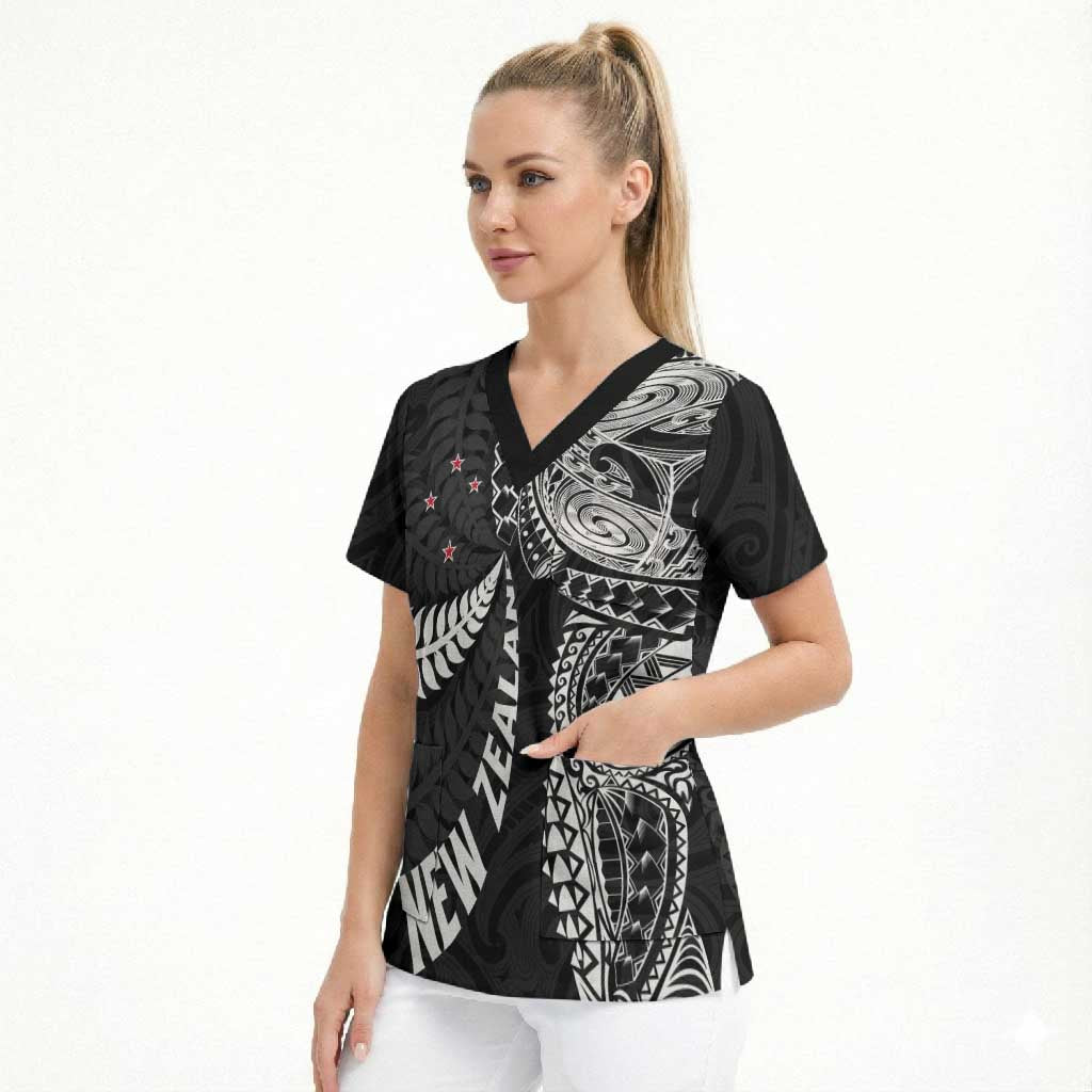 Aotearoa Volleyball Custom Scrub Top Silver Ferns and Maori Tribal Black LT03 - Polynesian Pride