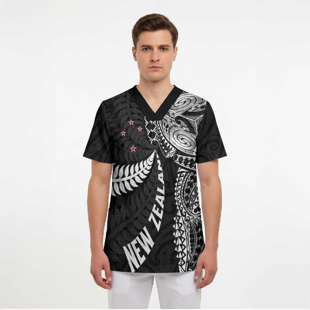 Aotearoa Volleyball Custom Scrub Top Silver Ferns and Maori Tribal Black LT03 - Polynesian Pride