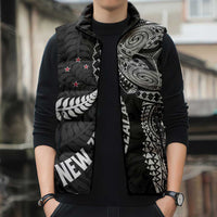 Aotearoa Volleyball Custom Sleeveless Puffer Jacket Silver Ferns and Maori Tribal Black