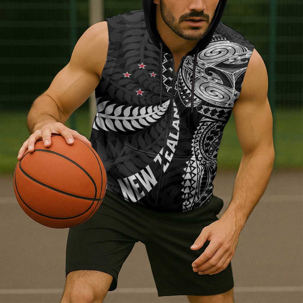 Aotearoa Volleyball Custom Sleeveless Zip Hoodie Silver Ferns and Maori Tribal Black
