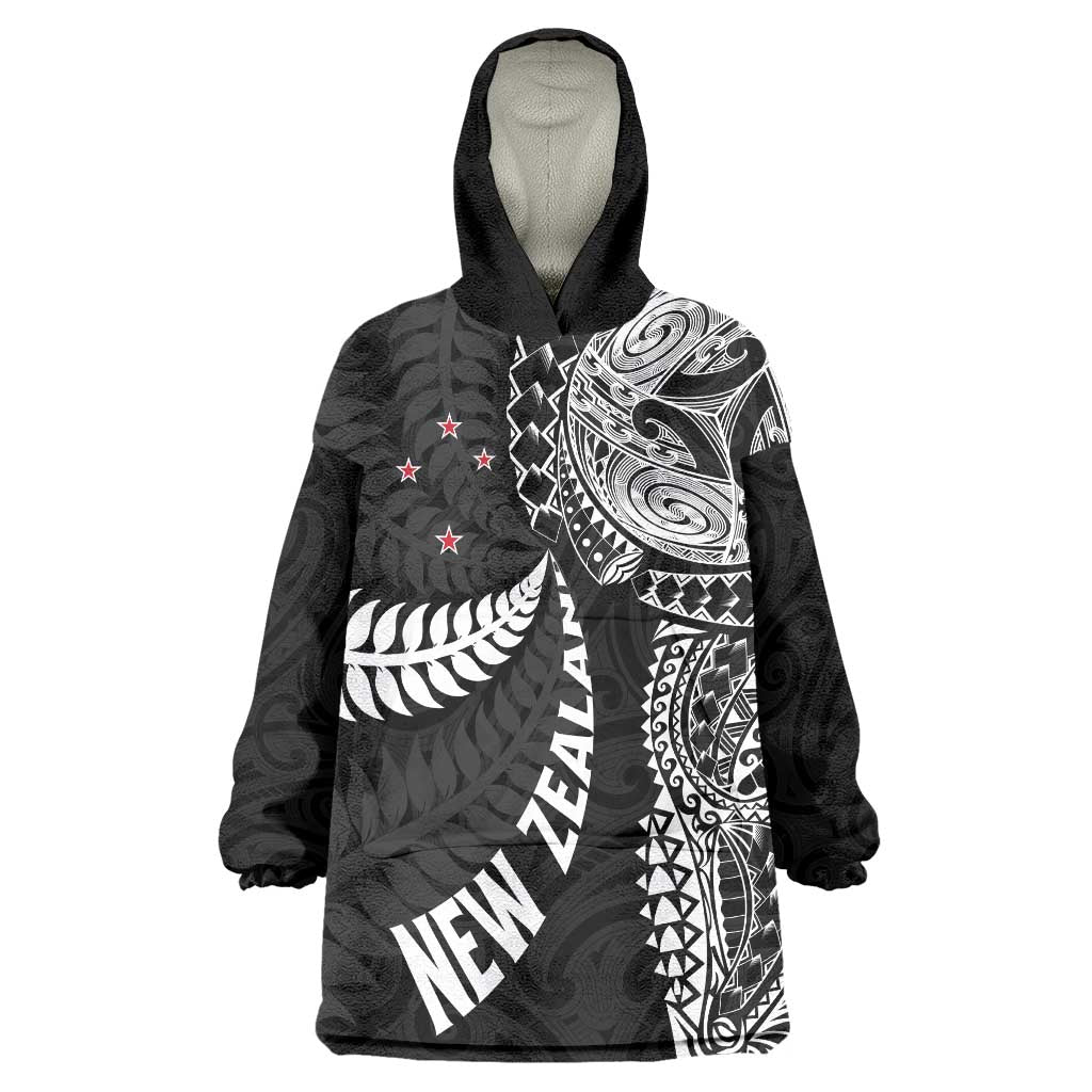 Aotearoa Volleyball Custom Wearable Blanket Hoodie Silver Ferns and Maori Tribal Black