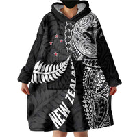 Aotearoa Volleyball Custom Wearable Blanket Hoodie Silver Ferns and Maori Tribal Black