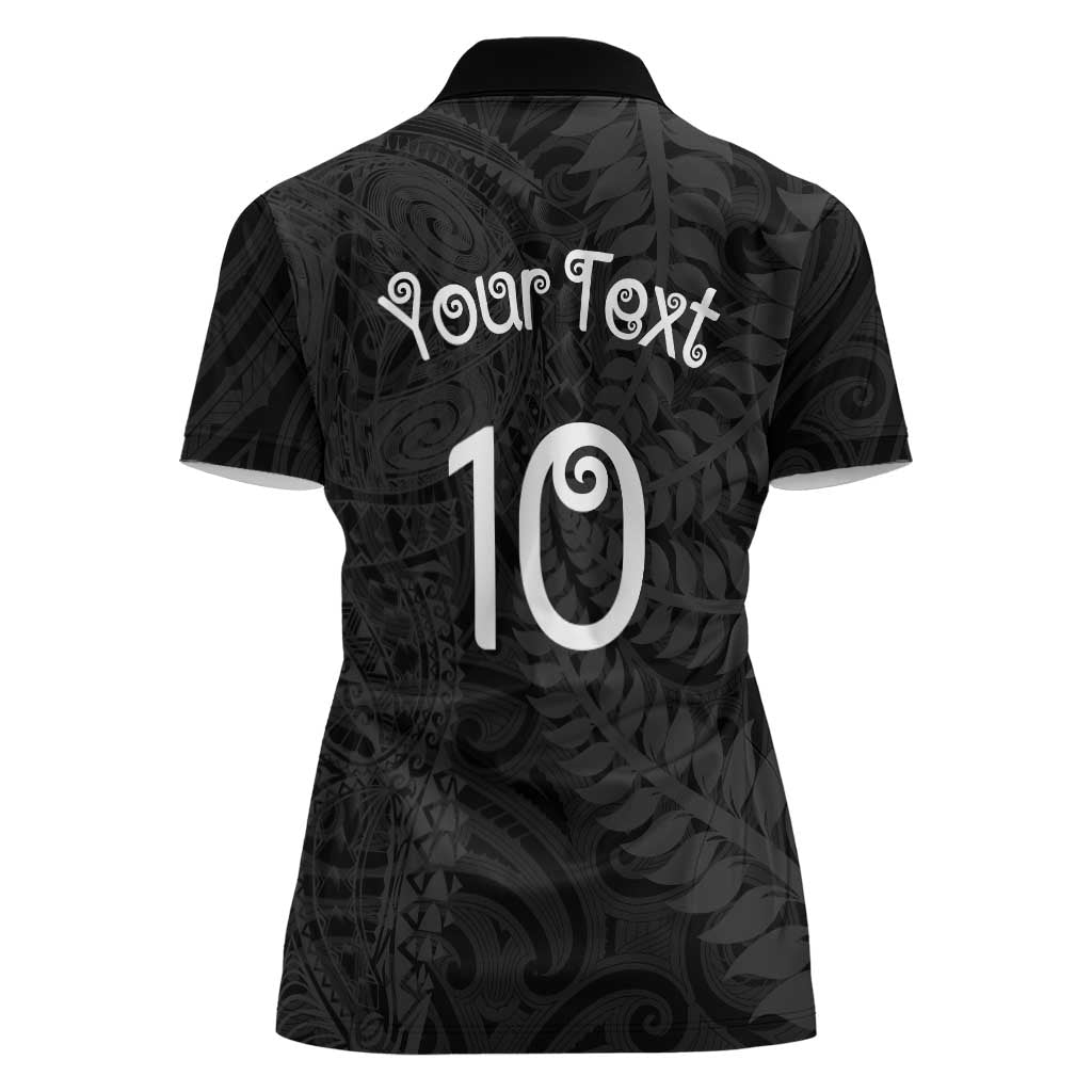 Aotearoa Volleyball Custom Women Polo Shirt Silver Ferns and Maori Tribal Black