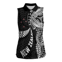 Aotearoa Volleyball Custom Women Sleeveless Polo Shirt Silver Ferns and Maori Tribal Black