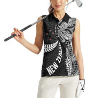 Aotearoa Volleyball Custom Women Sleeveless Polo Shirt Silver Ferns and Maori Tribal Black
