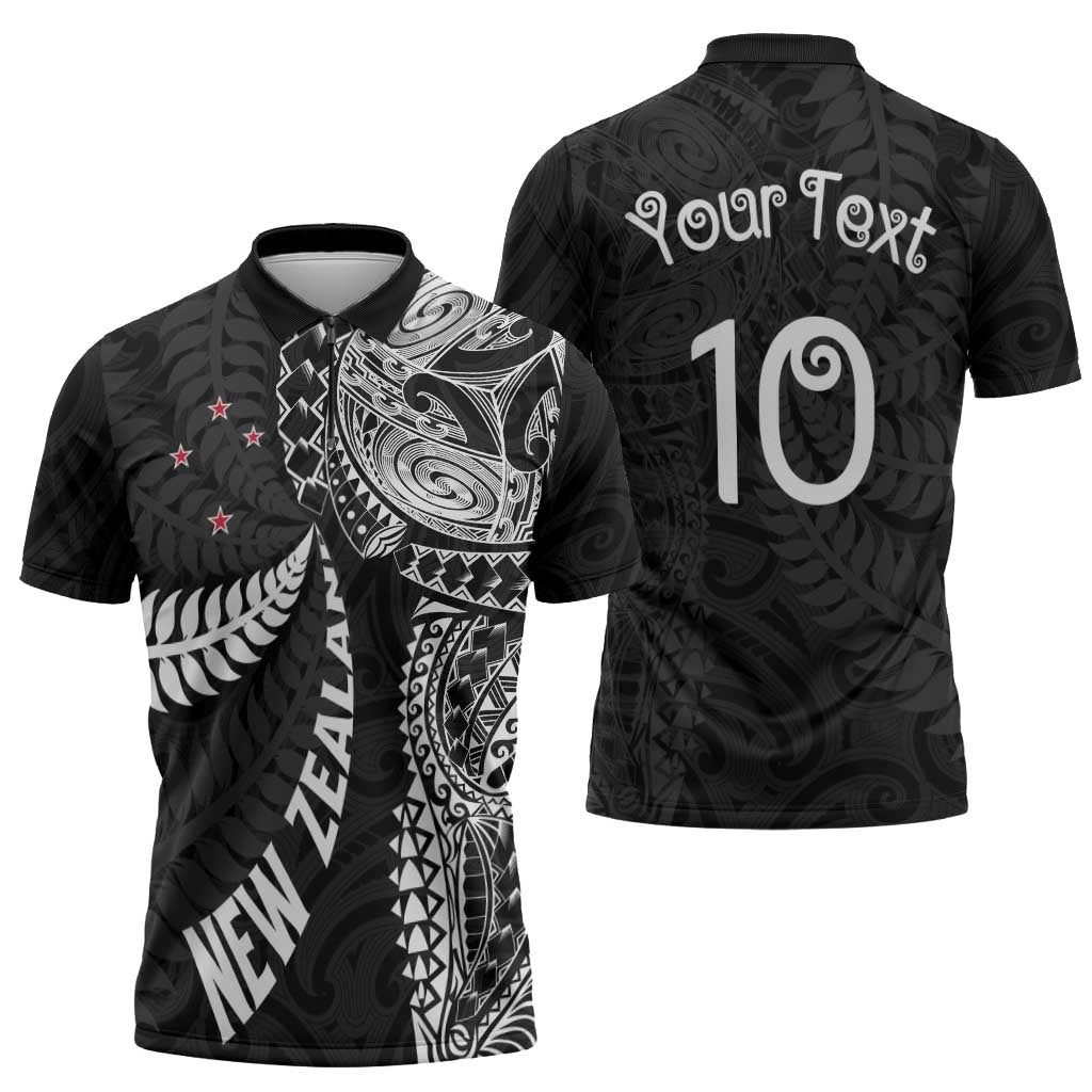 Aotearoa Volleyball Custom Zipper Polo Shirt Silver Ferns and Maori Tribal Black