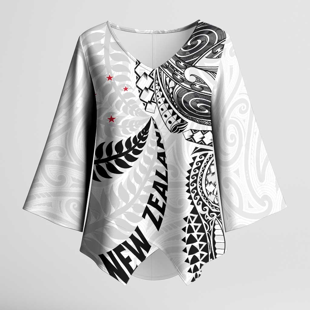 Aotearoa Volleyball Custom Kimono Sleeve Blouse Silver Ferns and Maori Tribal White