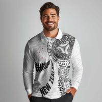 Aotearoa Volleyball Custom Long Sleeve Polo Shirt Silver Ferns and Maori Tribal White