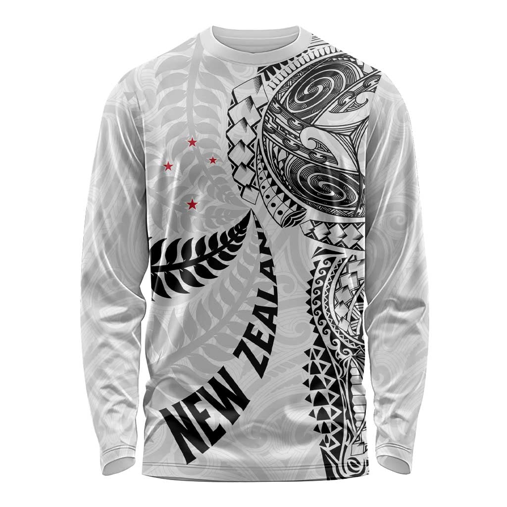 Aotearoa Volleyball Custom Long Sleeve Shirt Silver Ferns and Maori Tribal White