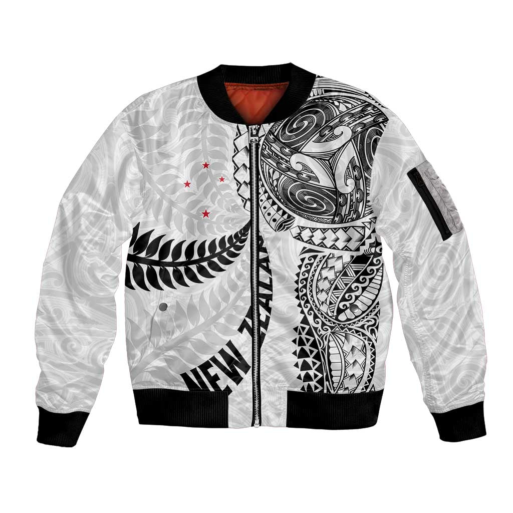 Aotearoa Volleyball Custom Sleeve Zip Bomber Jacket Silver Ferns and Maori Tribal White