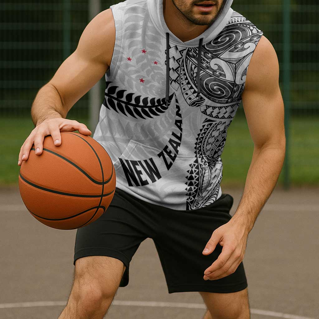 Aotearoa Volleyball Custom Sleeveless Hoodie Silver Ferns and Maori Tribal White LT03 - Polynesian Pride